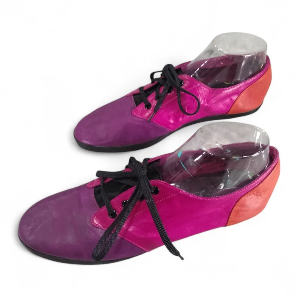 Pink Purple Colorblock Vintage 80s Leather Lace Up Oxford Flats Dress Shoes 10